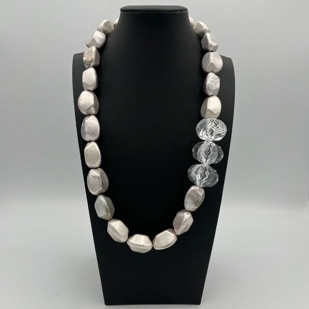 Chunky Silver & Clear Statement Necklace Abstract Pebble Lucite Beads